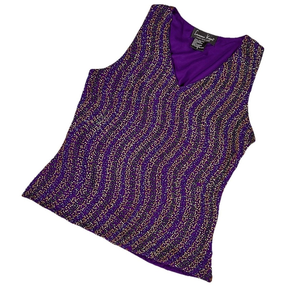 Vtg Laurence Kazar Blouse Sm Mulitcolor Crop V Neck Beaded Sleeveless 100% Silk